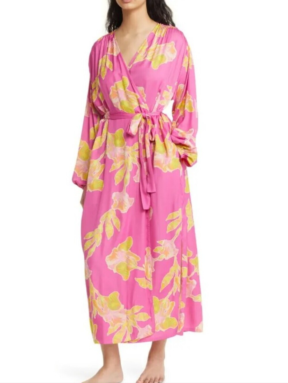 Floral Wrap Robe in Bright Pink with Yellow Accents